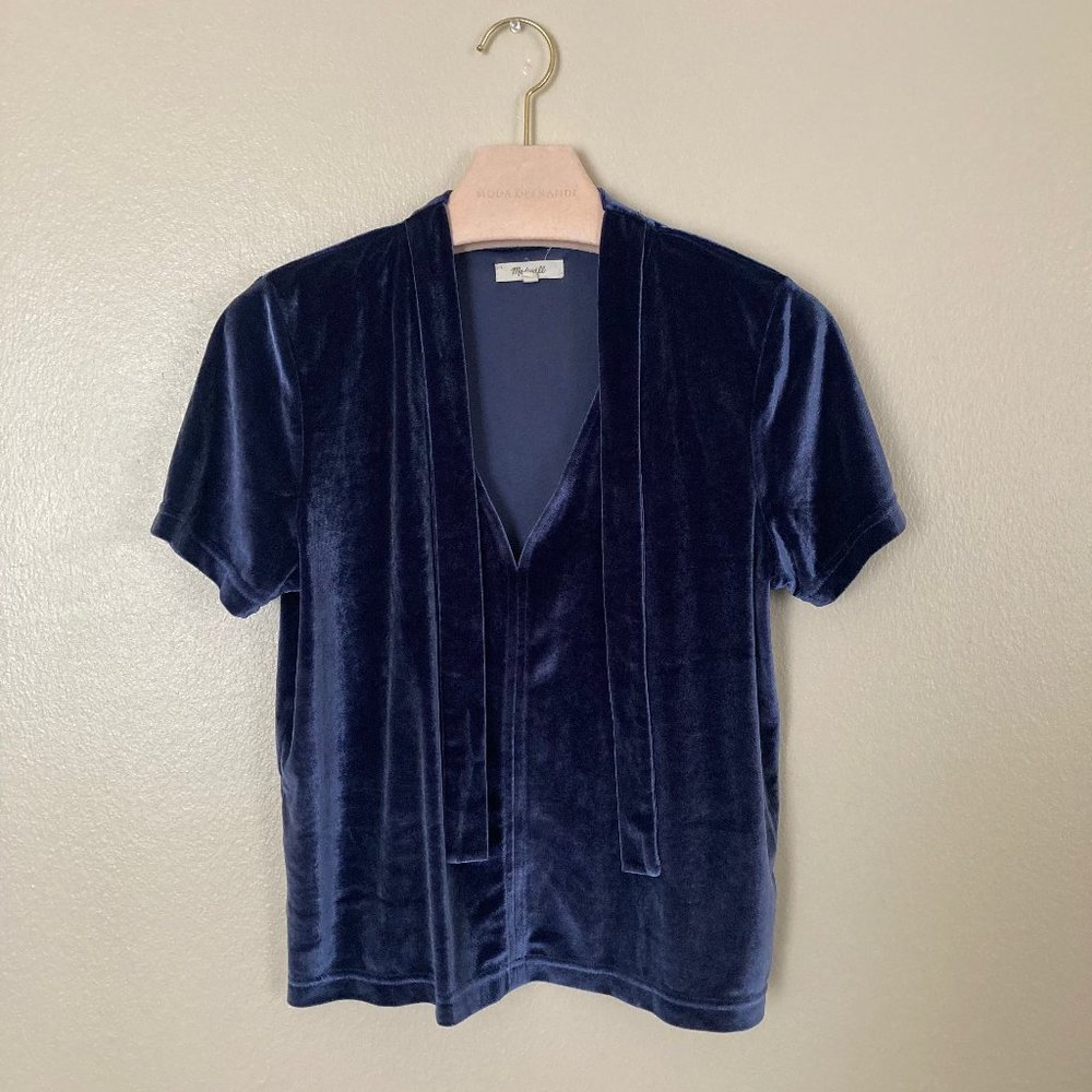 Madewell Velvet Tie-Neck Top blue size m
